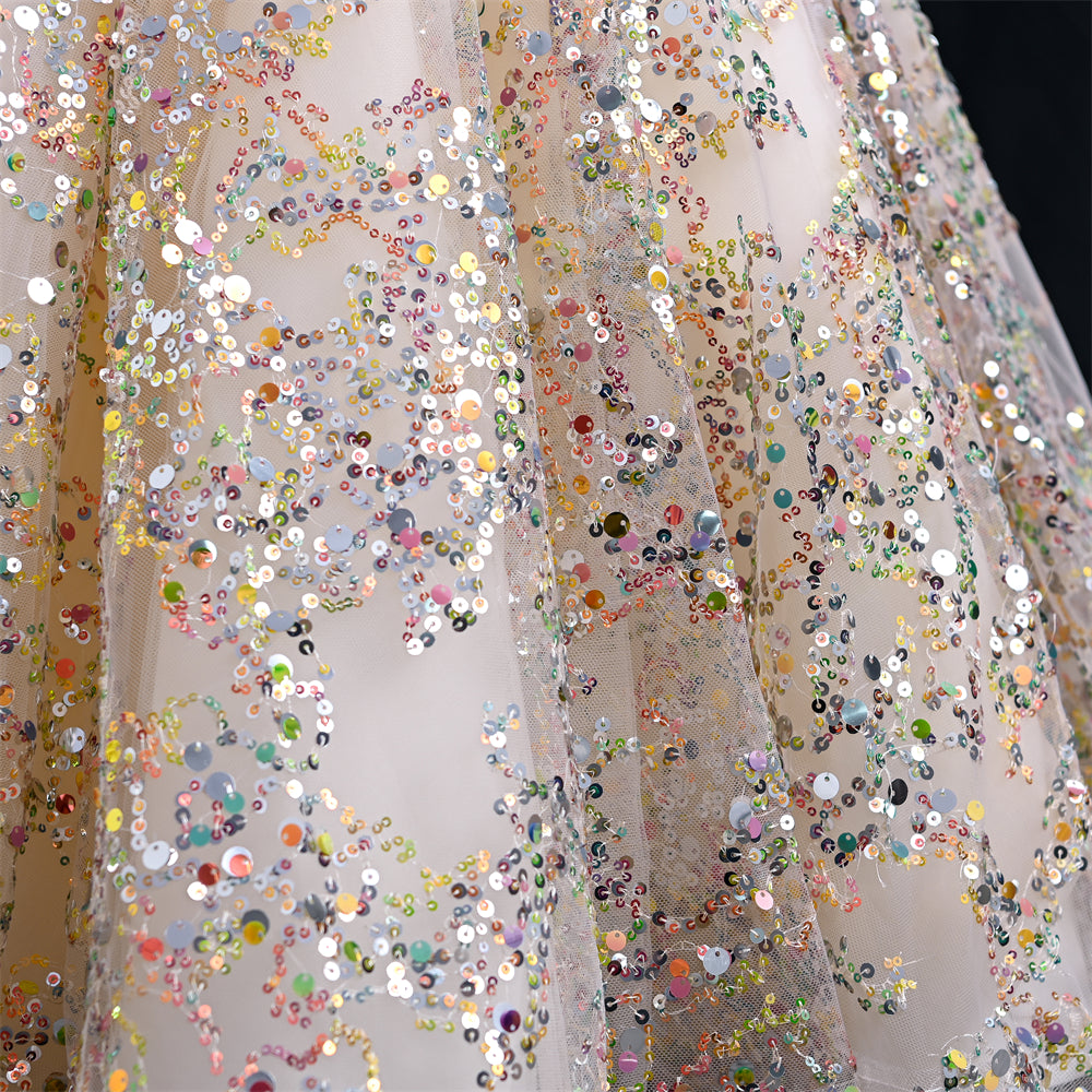 Outong Factory Wholesale Prom Dress Gold Luxury Vintage Off Shoulder Sequin Party Dress Kids Evening Gown
