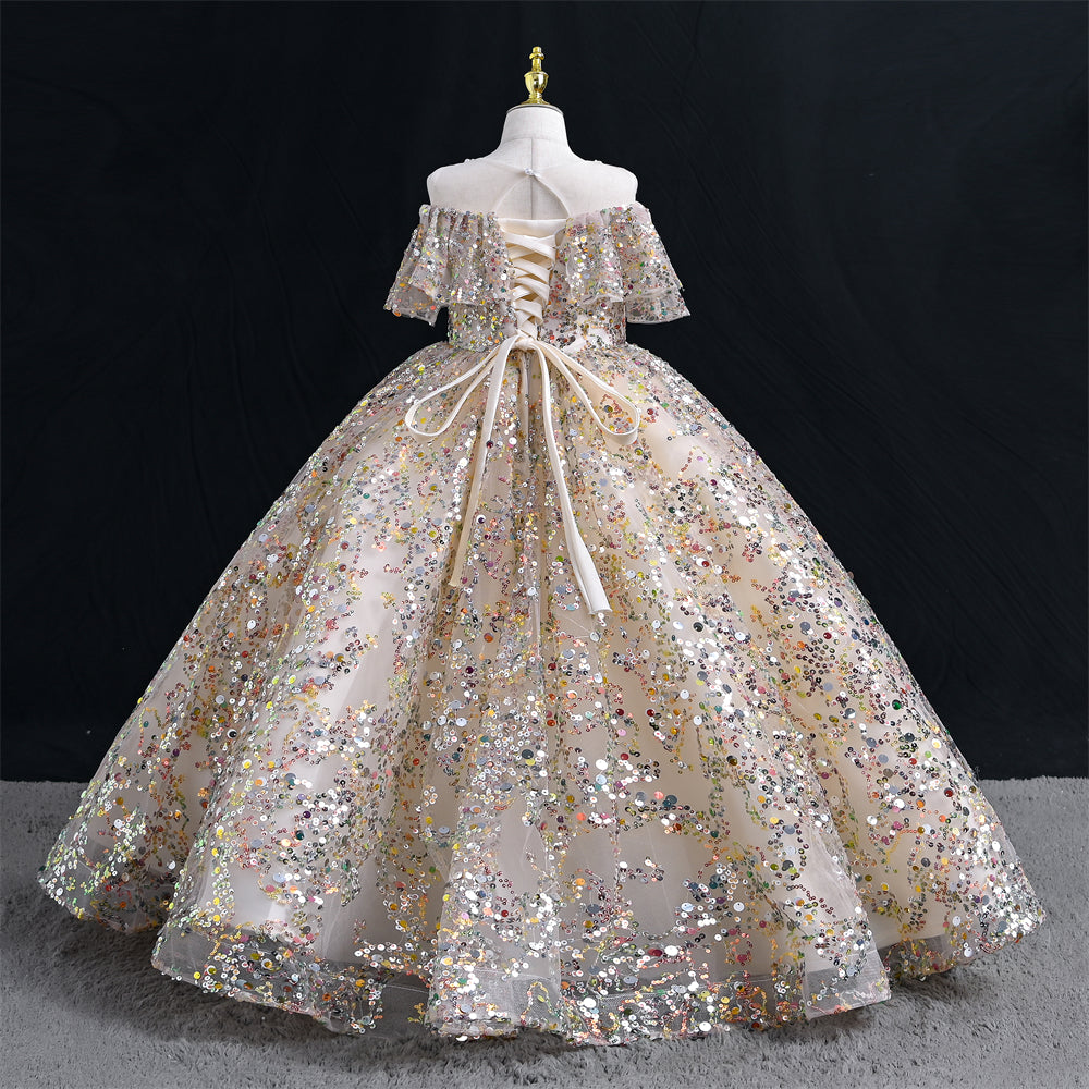 Outong Factory Wholesale Prom Dress Gold Luxury Vintage Off Shoulder Sequin Party Dress Kids Evening Gown