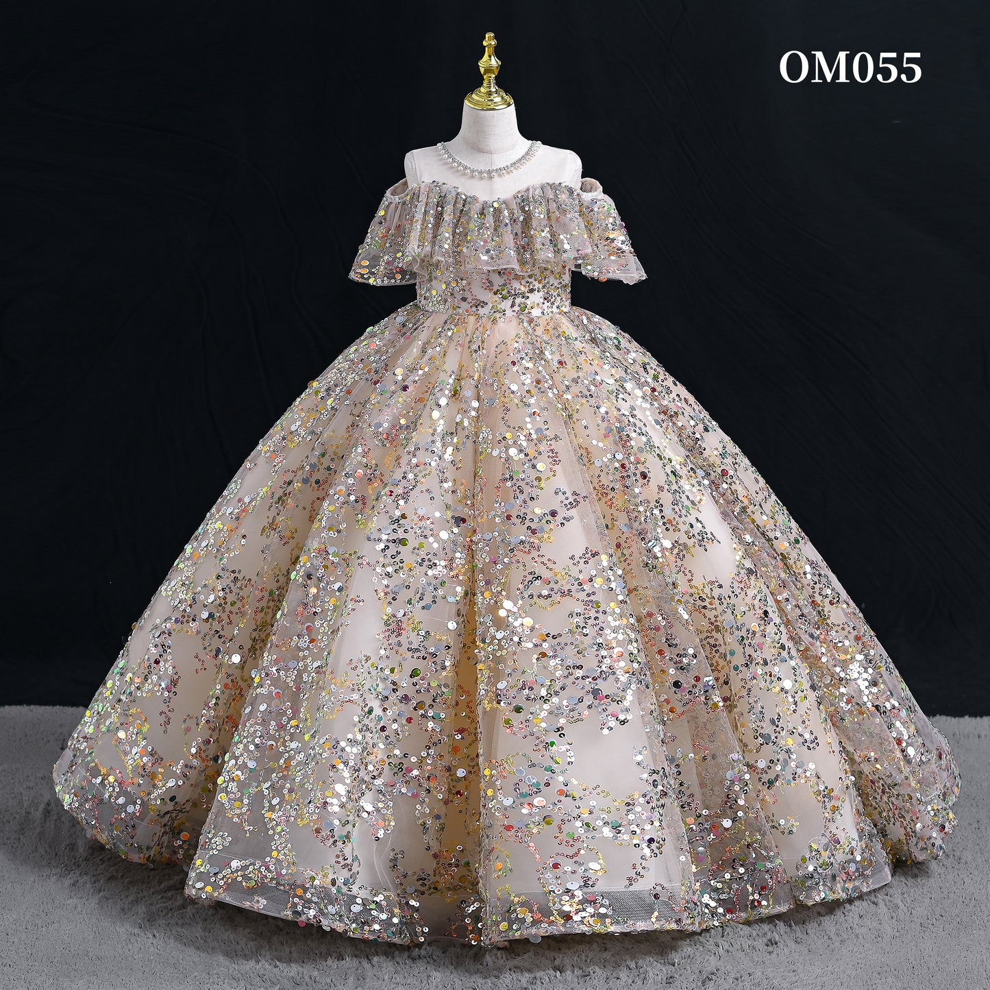 Outong Factory Wholesale Prom Dress Gold Luxury Vintage Off Shoulder Sequin Party Dress Kids Evening Gown