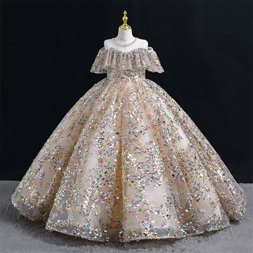 Outong Factory Wholesale Prom Dress Gold Luxury Vintage Off Shoulder Sequin Party Dress Kids Evening Gown