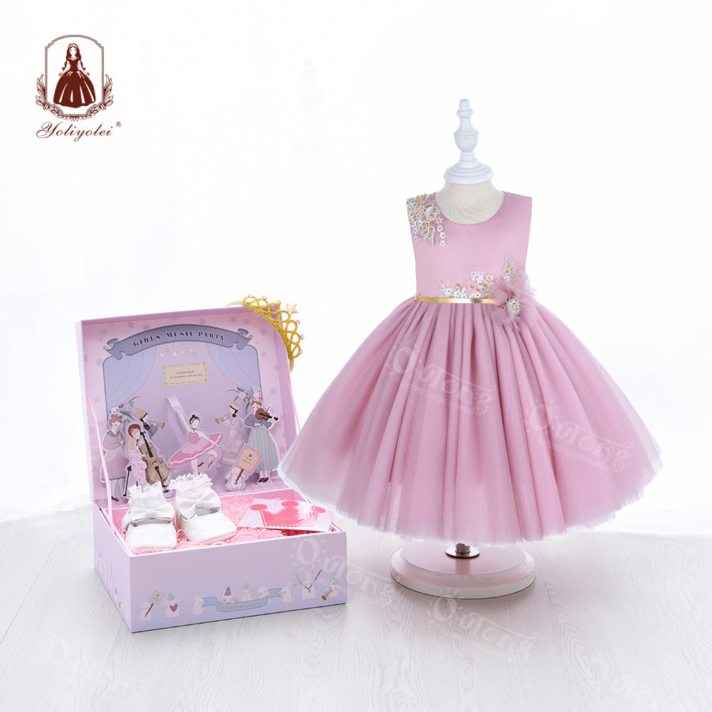 DS051801 Yoliyolei 2-5 Years Kids Clothing Wholesale Formal Toddler Girl Birthday Dress Sequin Tulle Flower Girl Dresses With Gift Box