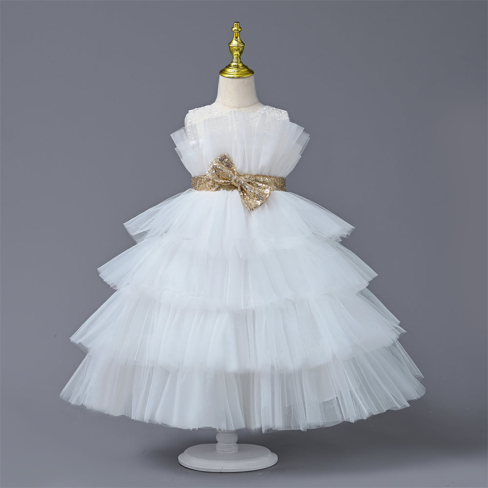 co-1264 4 to 9 Years Old Yoliyolei Cake Layers Summer Children's Clothing Girls Tulle Puffy Dress For Girls Gold Waistband Bow Birthday Party Ball Gown