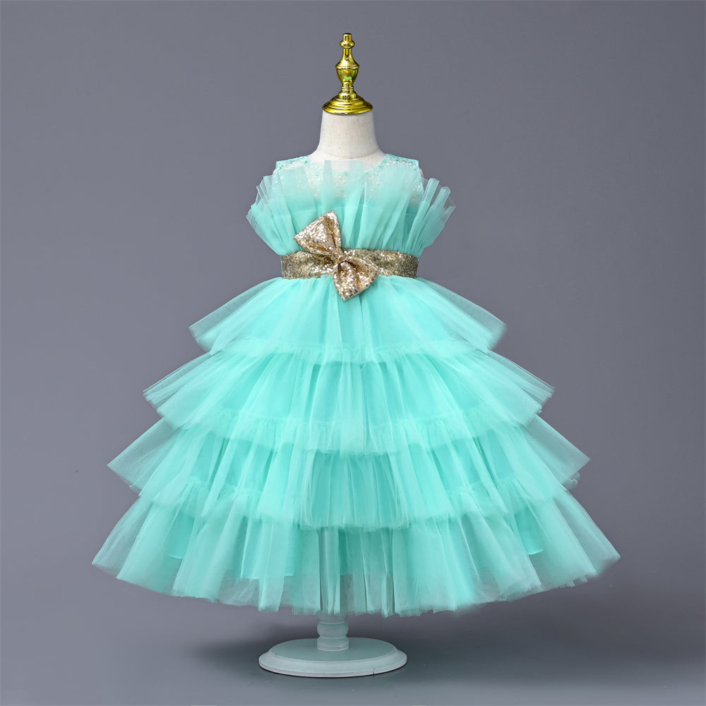 co-1264 4 to 9 Years Old Yoliyolei Cake Layers Summer Children's Clothing Girls Tulle Puffy Dress For Girls Gold Waistband Bow Birthday Party Ball Gown