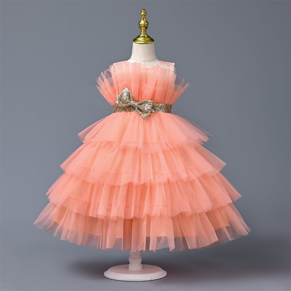 co-1264 4 to 9 Years Old Yoliyolei Cake Layers Summer Children's Clothing Girls Tulle Puffy Dress For Girls Gold Waistband Bow Birthday Party Ball Gown