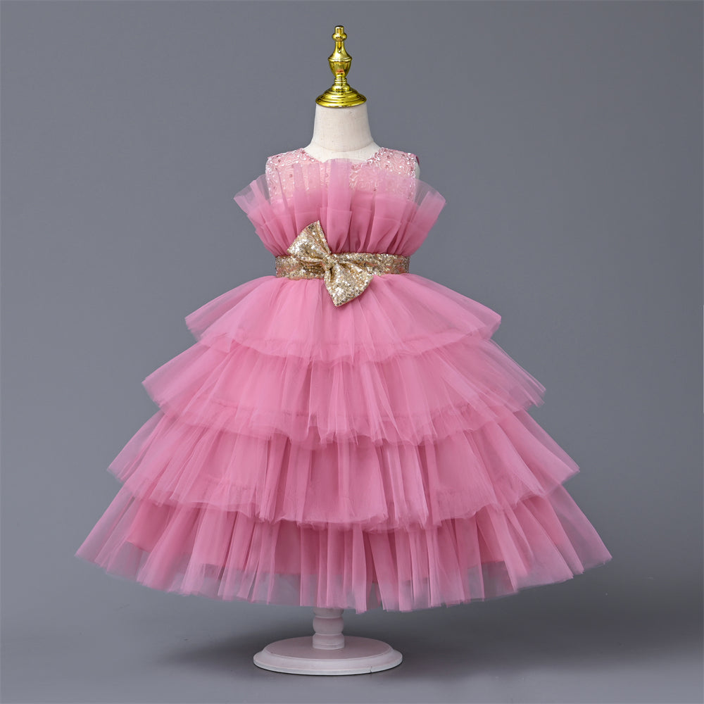 co-1264 4 to 9 Years Old Yoliyolei Cake Layers Summer Children's Clothing Girls Tulle Puffy Dress For Girls Gold Waistband Bow Birthday Party Ball Gown