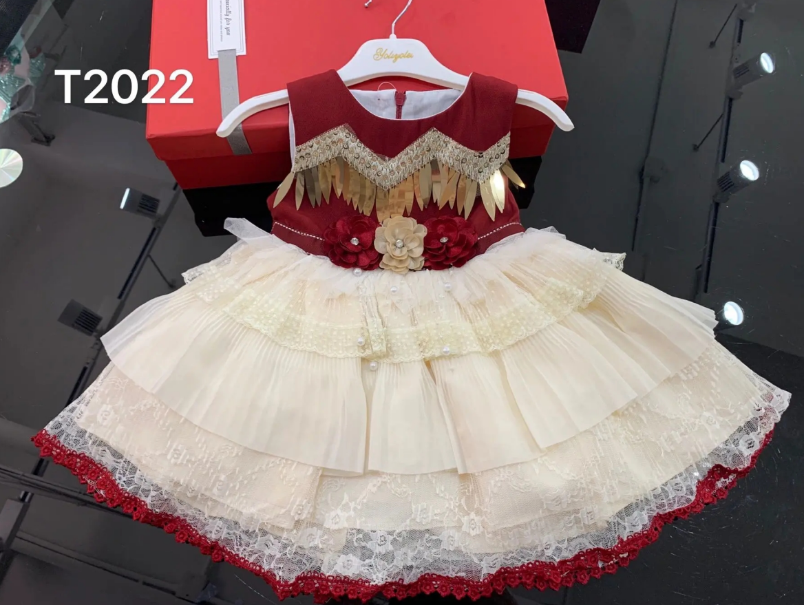 T2022 Yoliyolei Red Color Girl Party Baby Sleeveless 3D Flower Mesh Dress