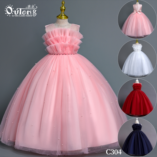 C304 Summer Crew Neck sleeveless Ruffles Designs Elegant Kids Fashion Pearl Frock Girls Long Wedding Party  Evening Dresses