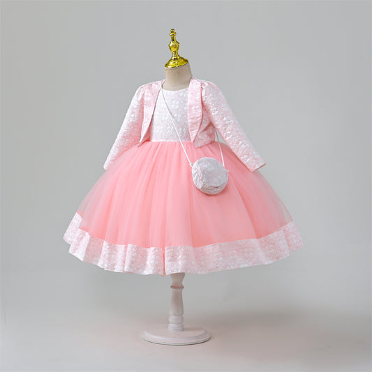 RU097 Yoliyolei Cardigan Children Girl Dress Birthday Long Sleeve Jacquard Ball Gown Kids Dress Princess With Bag For 5 Years