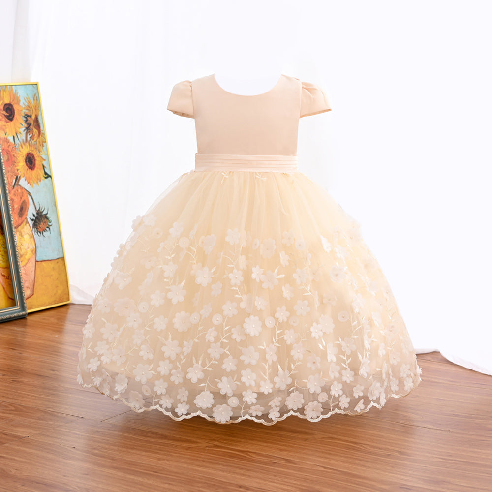 21T07A 3-9 Years Girls' Short Sleeve Floral Embroidery Design Dress Ball Gown Girls Dress Summer Party Dress Princess Costumes