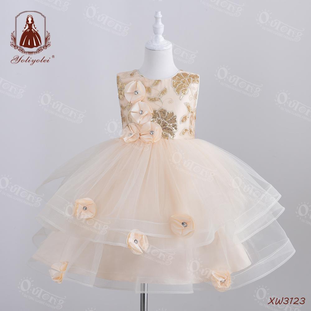 XW3123 New Model Red Lace Sparkle Novelty Gorgeous Dress Birthday Paty Wedding Baby Girl Floral Dress