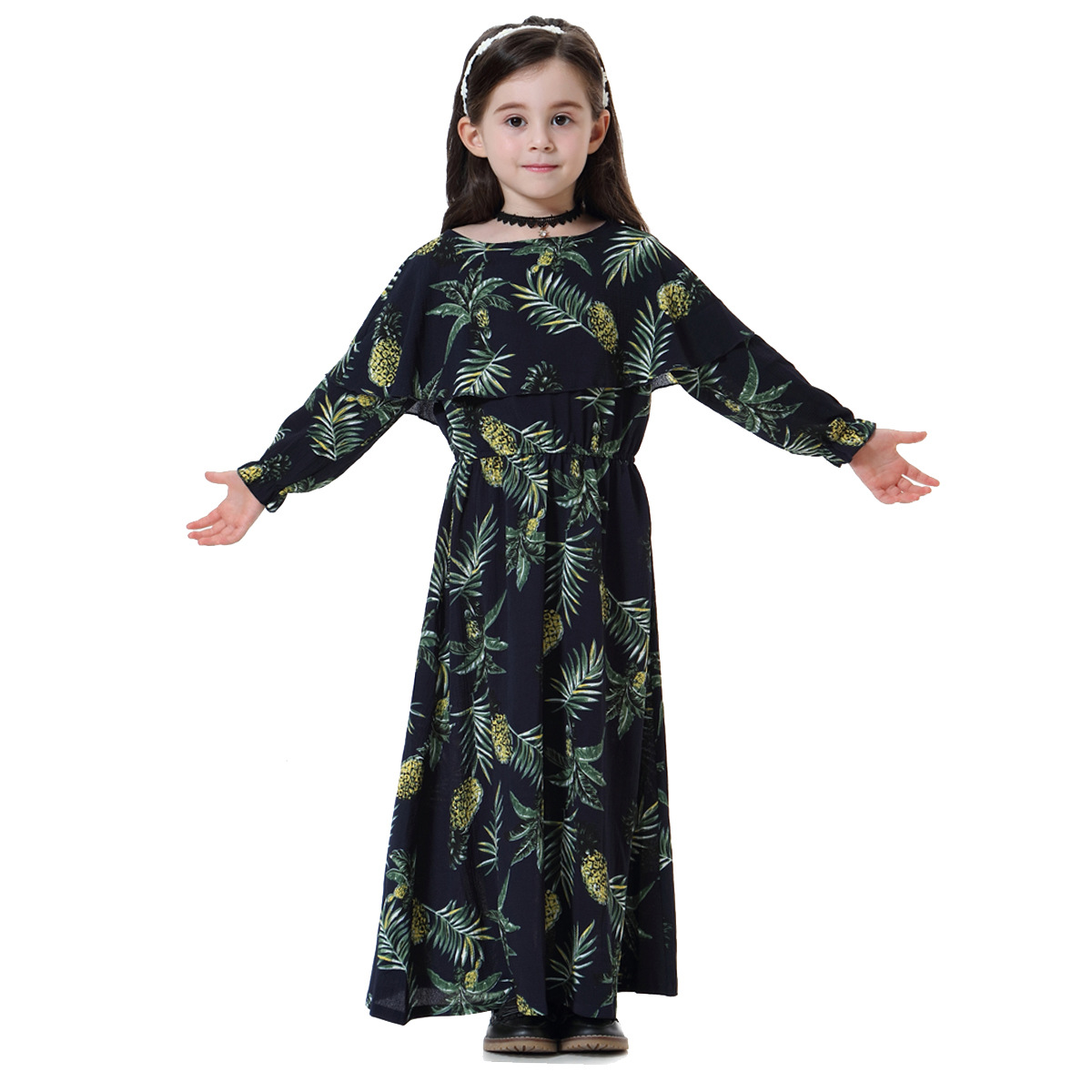 New Muslim Kids Girls Floral Dresses Long Sleeves Wedding Party Costumes Eid Muslim Kids Prayer Dresses