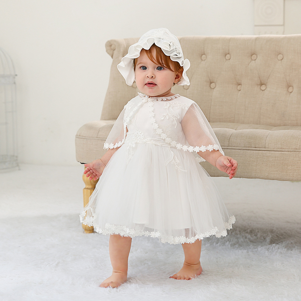 New Handmade Formal Kids Christening Blessing Gown Newborn Infant Toddler Baby Baptism Birthday Girls' Dresses with Bonnet