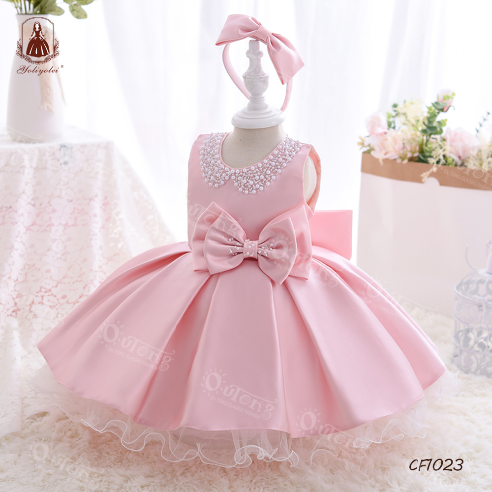 2-5Y Wholesale Kids Cloth Infant Toddler Wedding Party Ball Gown Beading Collar Flower Girls' Dresses with Two Big Bow