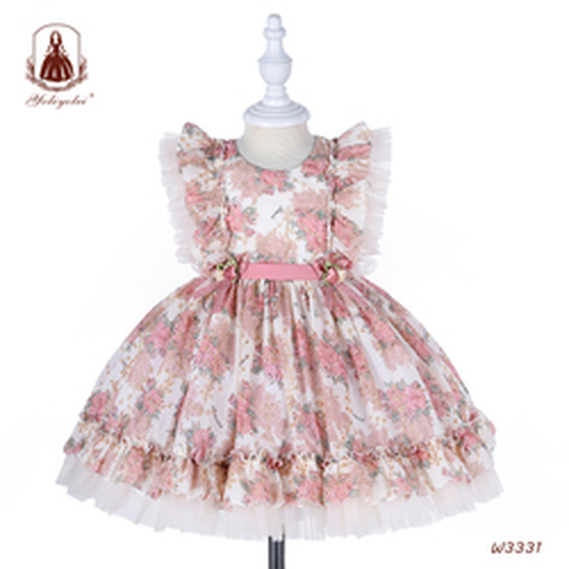 Hot Sale Lolita Spanish Vintage Princess Ball Gown with Headband ,Royal Flower Dress for Baby Girls Birthday Party Dress