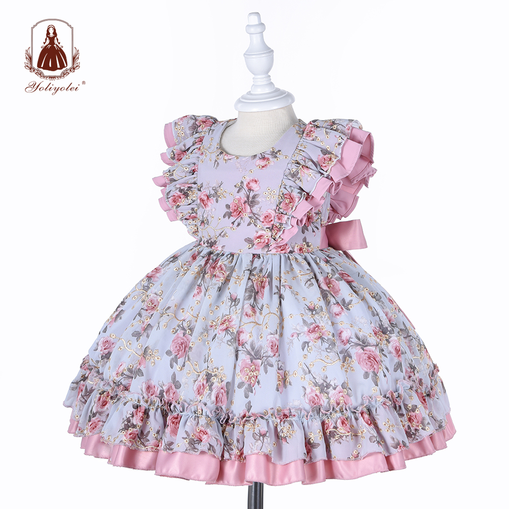 Wholesale 1St Birthday Party Dress Hollow Embroidery Floral Printed Kids Ball Gown Royal Lolita Spanish Newborn Baby Girl Dress