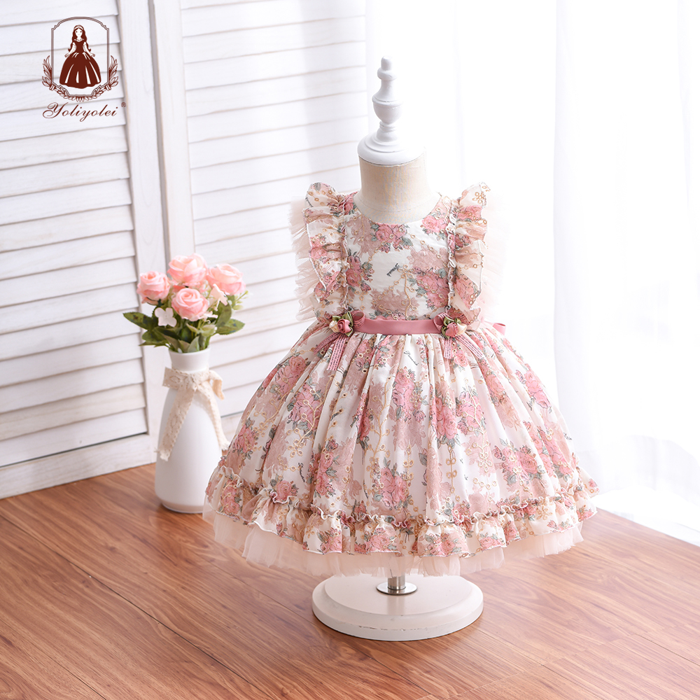 Wholesale 1St Birthday Party Dress Hollow Embroidery Floral Printed Kids Ball Gown Royal Lolita Spanish Newborn Baby Girl Dress