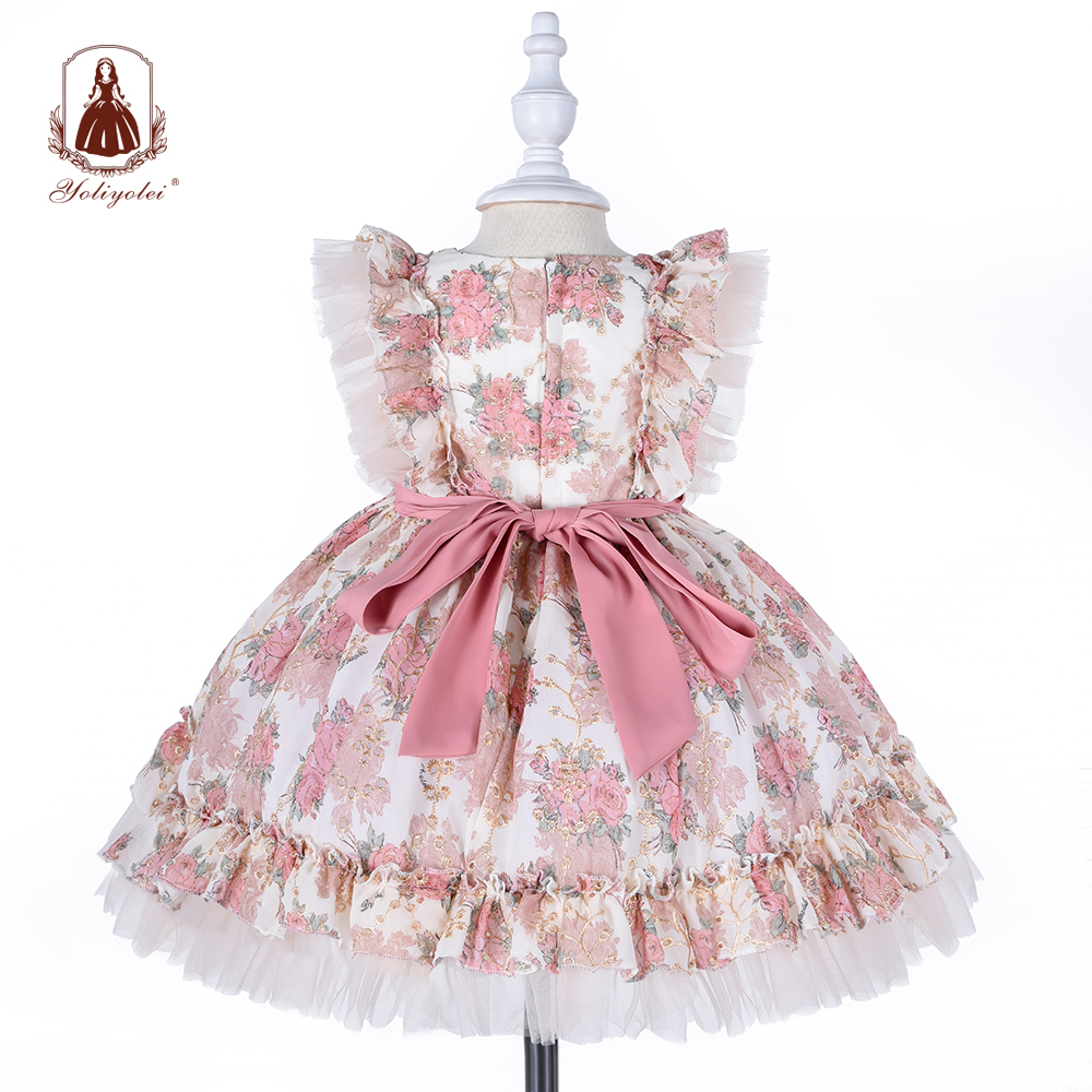 Hot Sale Lolita Spanish Vintage Princess Ball Gown with Headband ,Royal Flower Dress for Baby Girls Birthday Party Dress