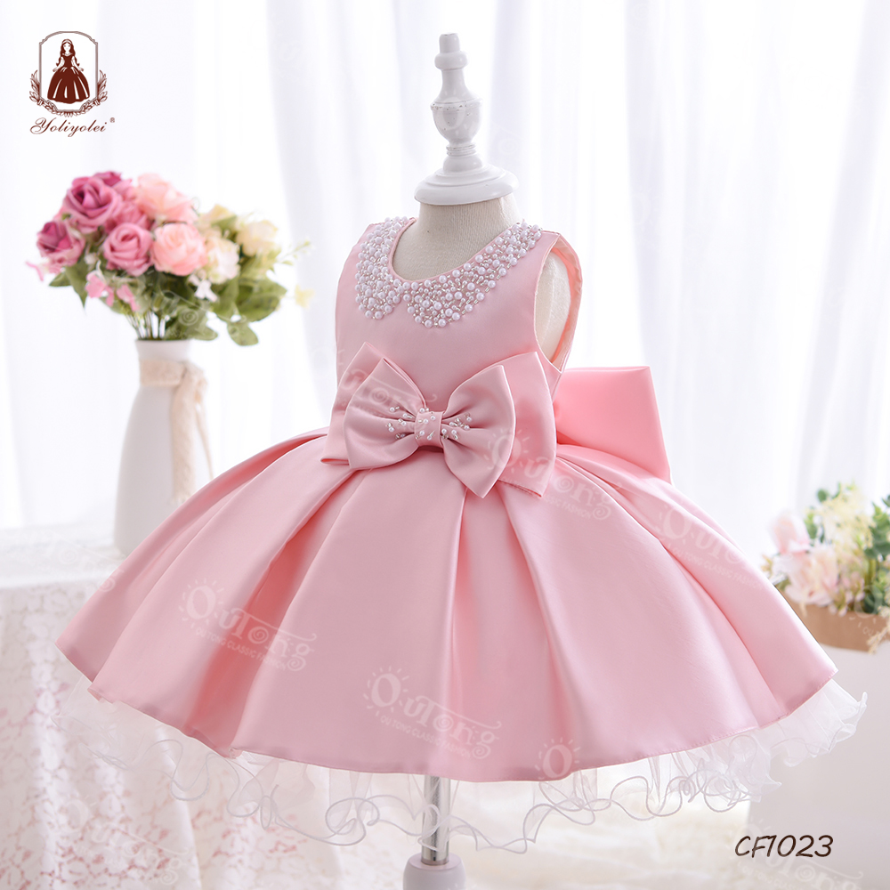 2-5Y Wholesale Kids Cloth Infant Toddler Wedding Party Ball Gown Beading Collar Flower Girls' Dresses with Two Big Bow