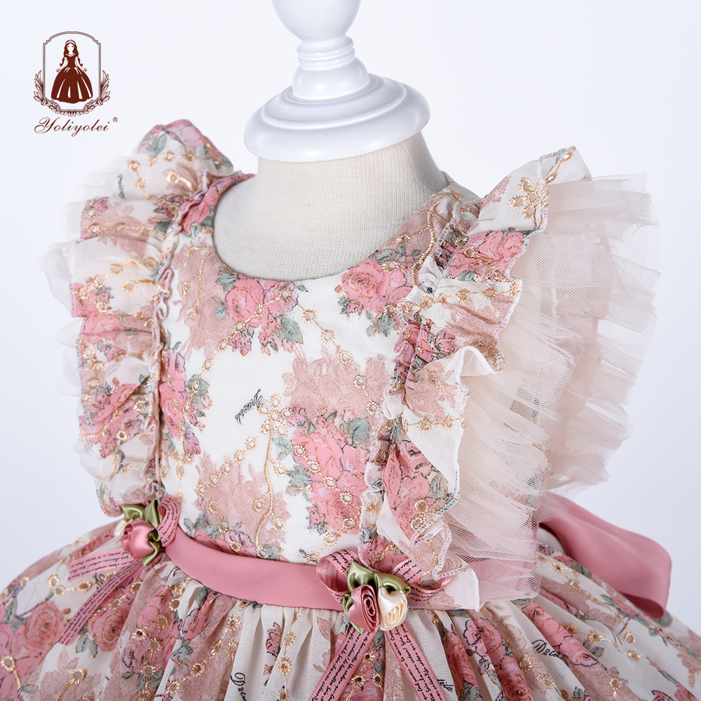 Hot Sale Lolita Spanish Vintage Princess Ball Gown with Headband ,Royal Flower Dress for Baby Girls Birthday Party Dress