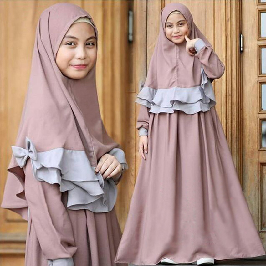 Wholesale Elegant Girls Bow Hijab Design Robes Kids Muslim Dresses Eid Muslim Kids Dresses