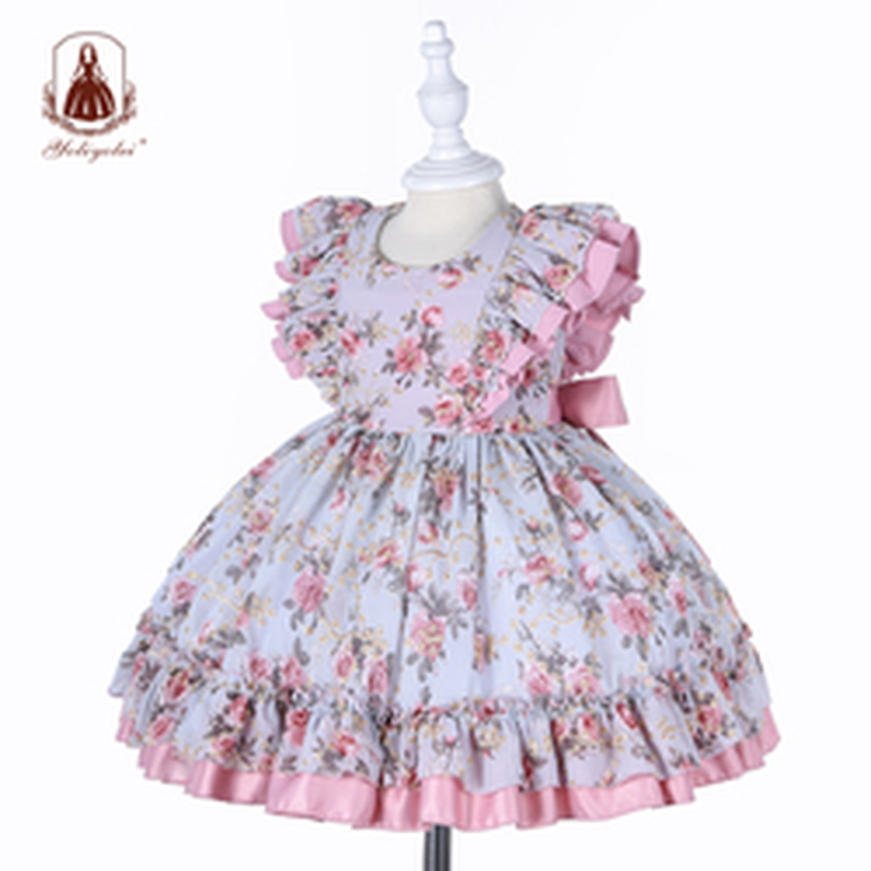 Wholesale 1St Birthday Party Dress Hollow Embroidery Floral Printed Kids Ball Gown Royal Lolita Spanish Newborn Baby Girl Dress