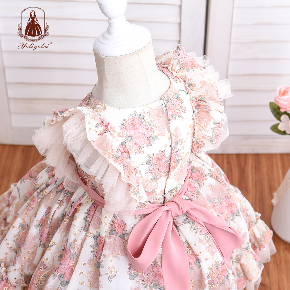 Wholesale 1St Birthday Party Dress Hollow Embroidery Floral Printed Kids Ball Gown Royal Lolita Spanish Newborn Baby Girl Dress