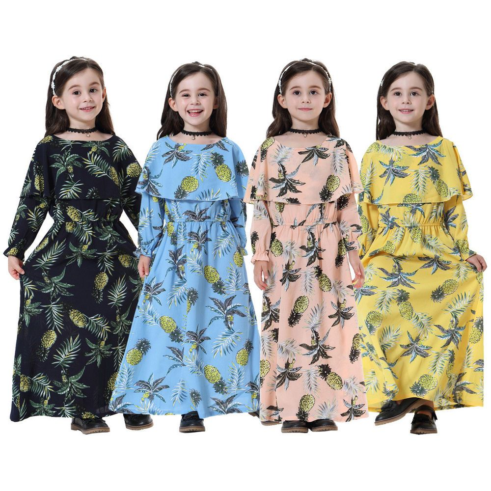 New Muslim Kids Girls Floral Dresses Long Sleeves Wedding Party Costumes Eid Muslim Kids Prayer Dresses