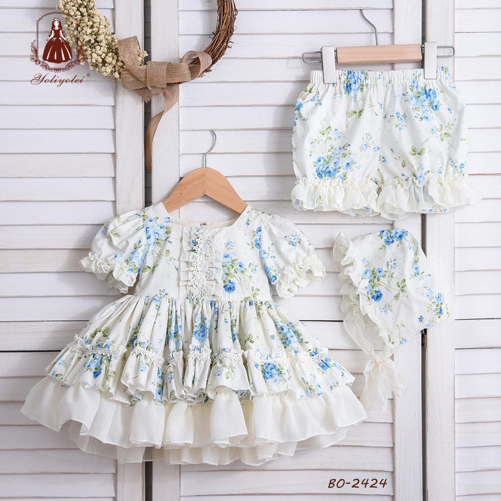 Summer Children Birthday Boutique Clothes Kids Spanish Lotia Dresses for Girls Cotton Boutique Floral Ball Gowns with Panty