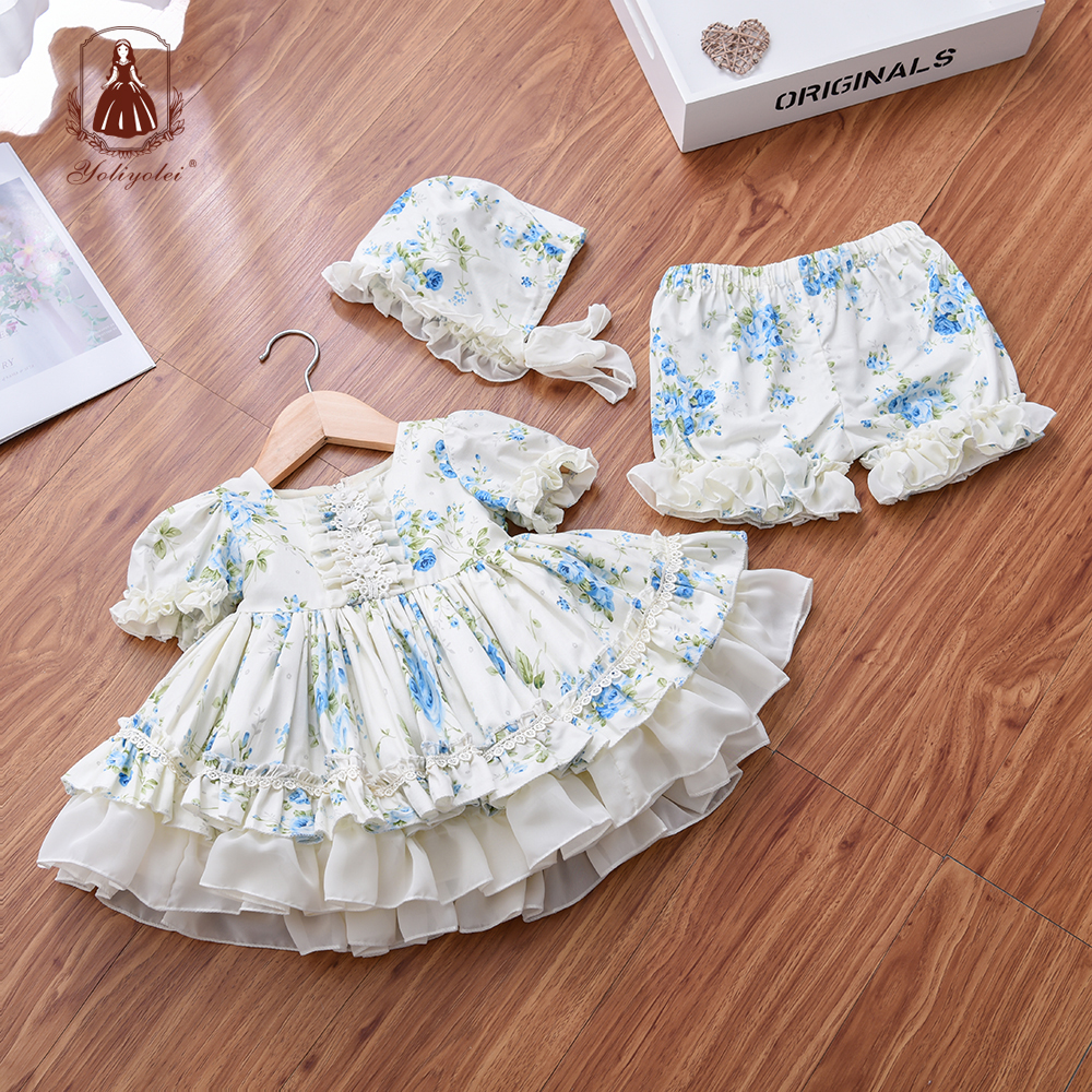 Summer Children Birthday Boutique Clothes Kids Spanish Lotia Dresses for Girls Cotton Boutique Floral Ball Gowns with Panty