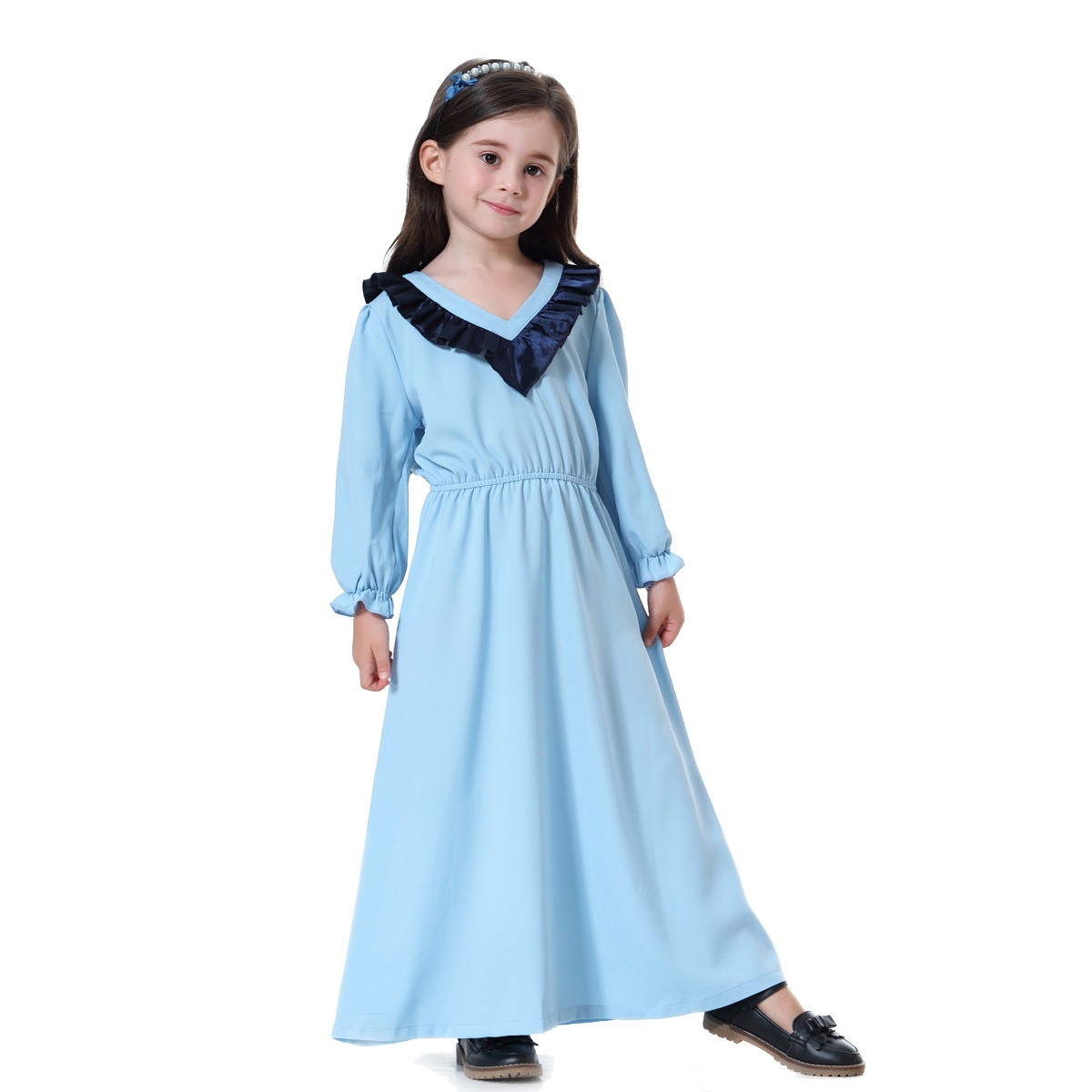 Islamic Kids Prayer Clothing Soft Knit V Neck Long Sleeves Girls Dresses Turkish Dresses for Muslim Girls