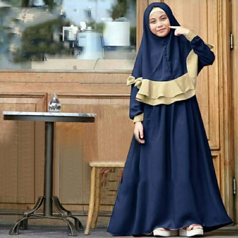 Wholesale Elegant Girls Bow Hijab Design Robes Kids Muslim Dresses Eid Muslim Kids Dresses