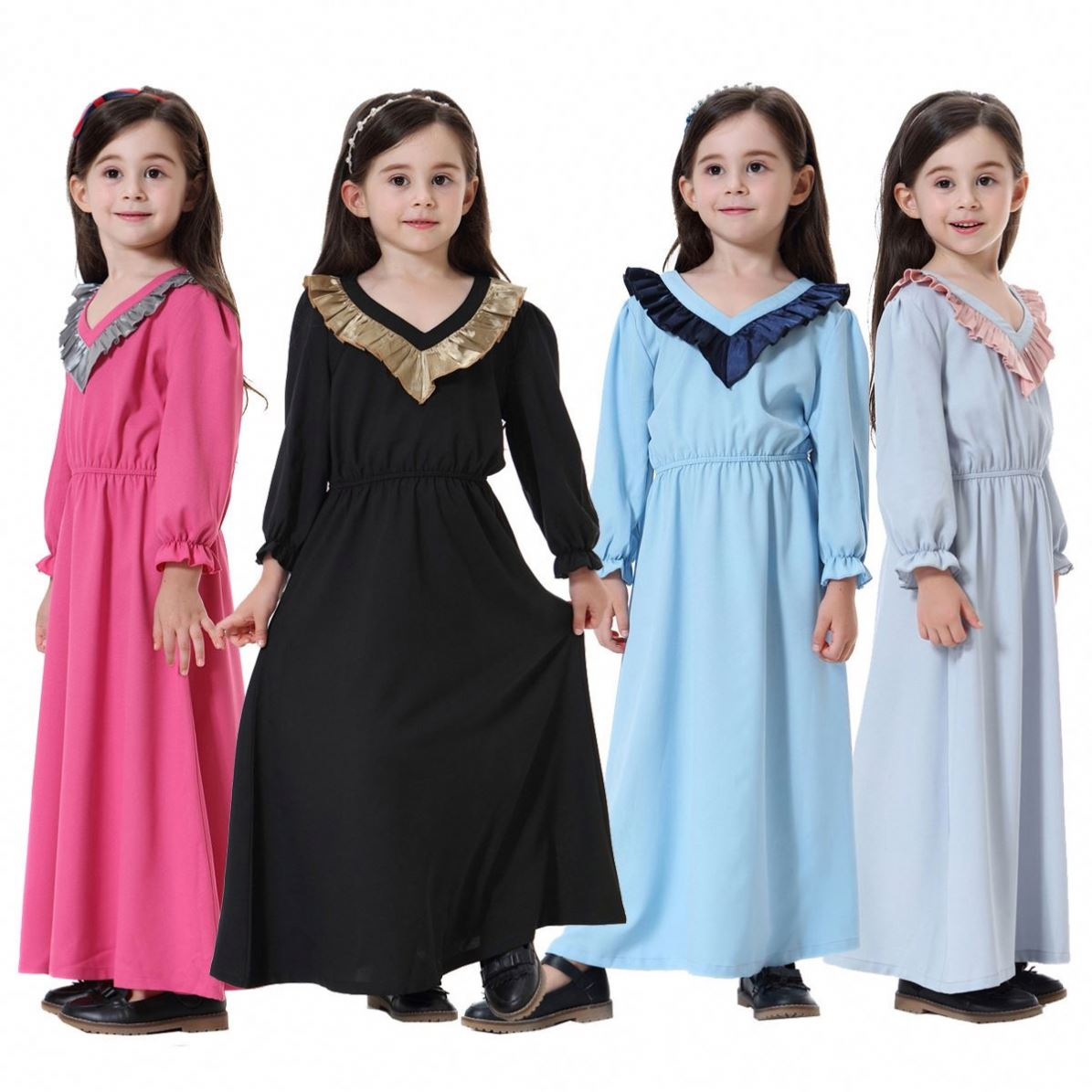 Islamic Kids Prayer Clothing Soft Knit V Neck Long Sleeves Girls Dresses Turkish Dresses for Muslim Girls