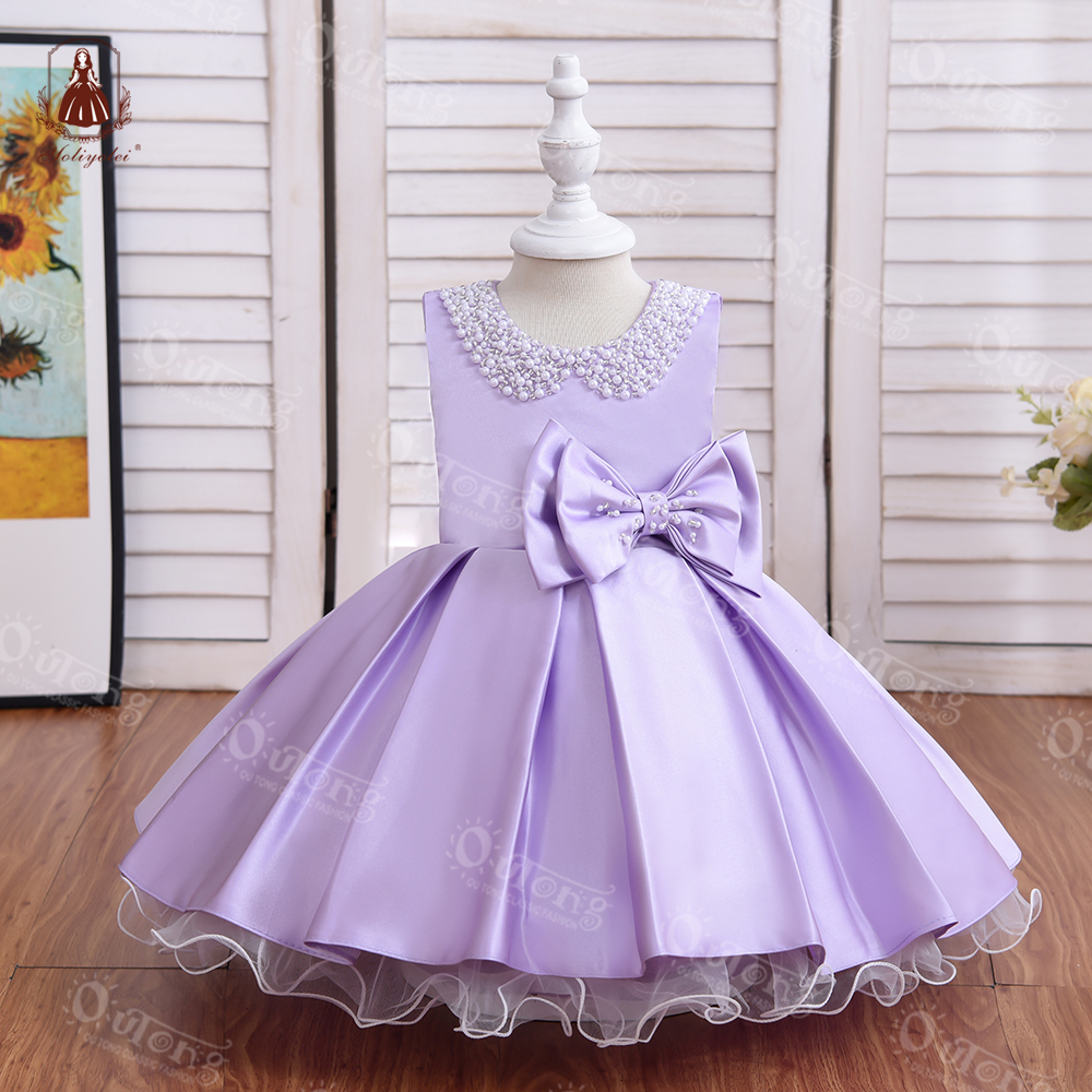 2-5Y Wholesale Kids Cloth Infant Toddler Wedding Party Ball Gown Beading Collar Flower Girls' Dresses with Two Big Bow