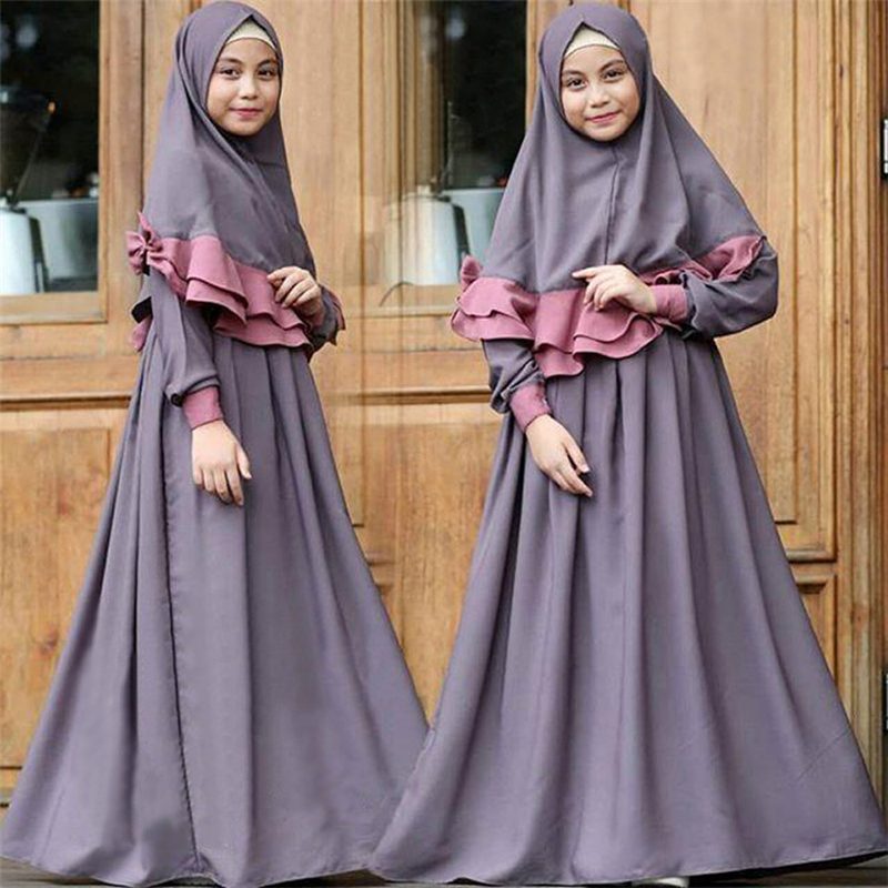 Wholesale Elegant Girls Bow Hijab Design Robes Kids Muslim Dresses Eid Muslim Kids Dresses