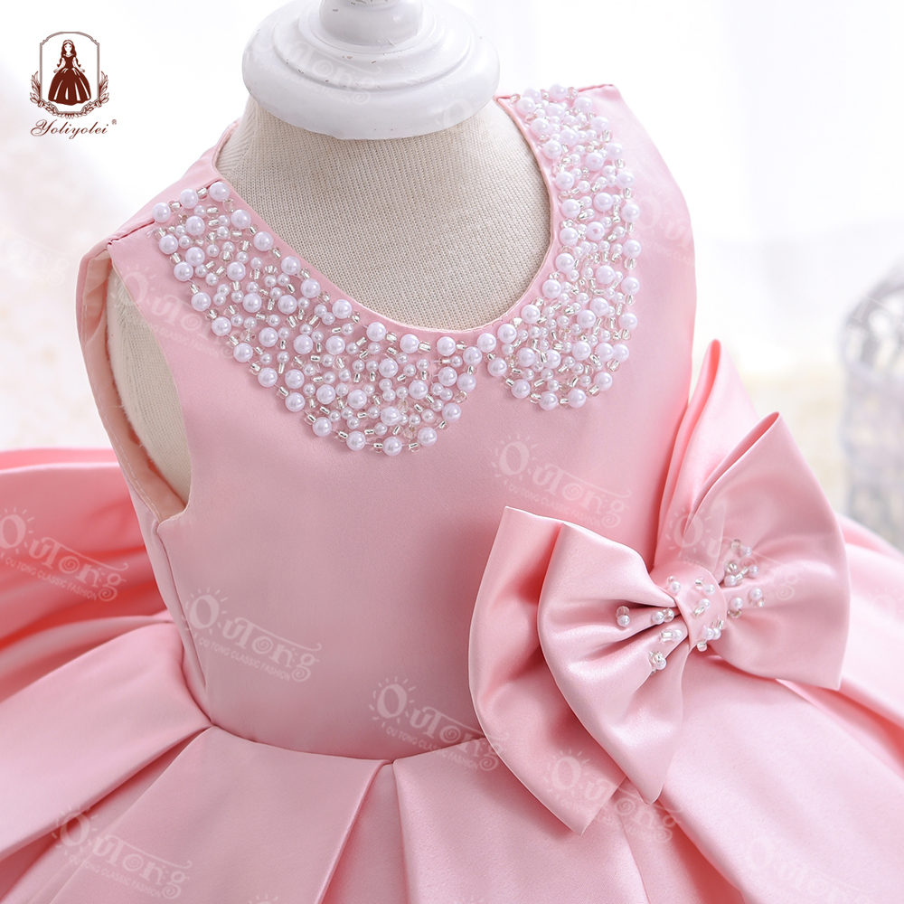 2-5Y Wholesale Kids Cloth Infant Toddler Wedding Party Ball Gown Beading Collar Flower Girls' Dresses with Two Big Bow