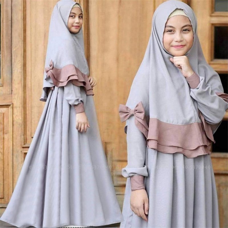 Wholesale Elegant Girls Bow Hijab Design Robes Kids Muslim Dresses Eid Muslim Kids Dresses