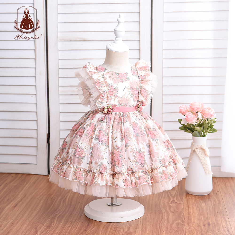 Wholesale 1St Birthday Party Dress Hollow Embroidery Floral Printed Kids Ball Gown Royal Lolita Spanish Newborn Baby Girl Dress