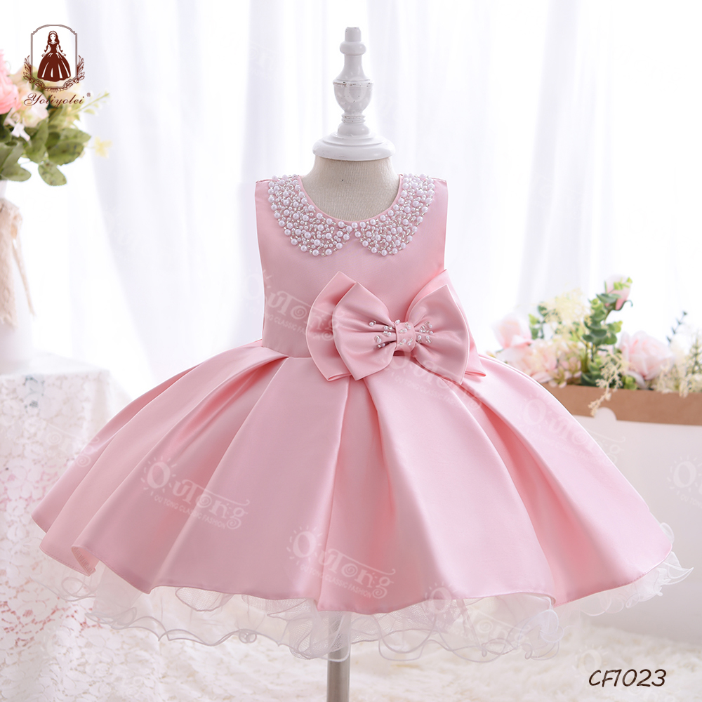 2-5Y Wholesale Kids Cloth Infant Toddler Wedding Party Ball Gown Beading Collar Flower Girls' Dresses with Two Big Bow