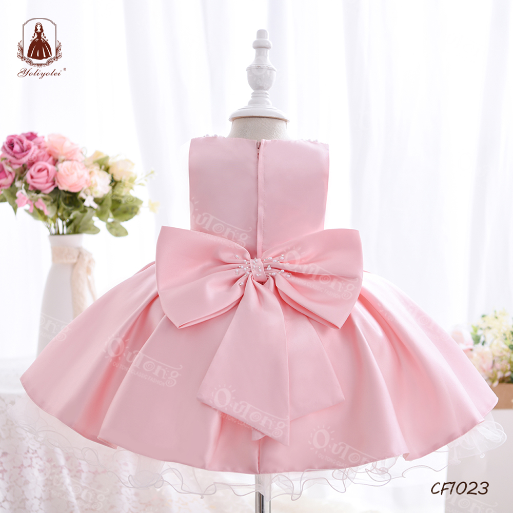 2-5Y Wholesale Kids Cloth Infant Toddler Wedding Party Ball Gown Beading Collar Flower Girls' Dresses with Two Big Bow