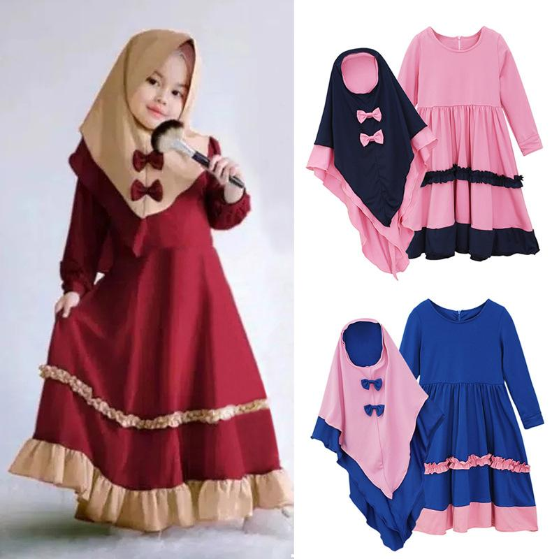 Hot Sale Islamic Children Prayer Clothing Bow Turban Two Piece Eid Robe Children Muslim Dress