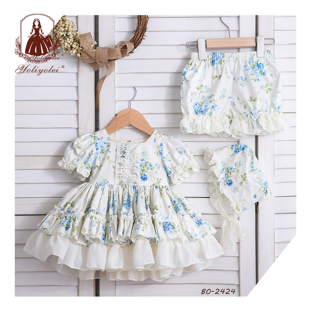 Summer Children Birthday Boutique Clothes Kids Spanish Lotia Dresses for Girls Cotton Boutique Floral Ball Gowns with Panty