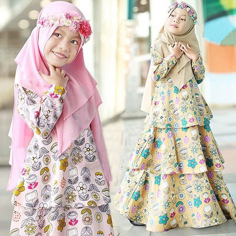 Muslim Children Girl Floral Dress Long Sleeve Long Skirt Hijab Two-Piece Set Iftar Muslim Prayer Dress Kids