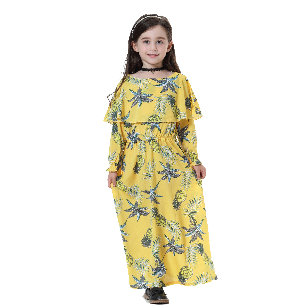 New Muslim Kids Girls Floral Dresses Long Sleeves Wedding Party Costumes Eid Muslim Kids Prayer Dresses