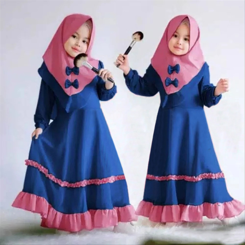 Hot Sale Islamic Children Prayer Clothing Bow Turban Two Piece Eid Robe Children Muslim Dress