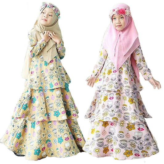 Muslim Children Girl Floral Dress Long Sleeve Long Skirt Hijab Two-Piece Set Iftar Muslim Prayer Dress Kids