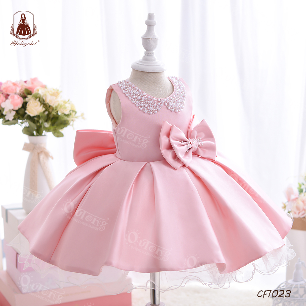 2-5Y Wholesale Kids Cloth Infant Toddler Wedding Party Ball Gown Beading Collar Flower Girls' Dresses with Two Big Bow