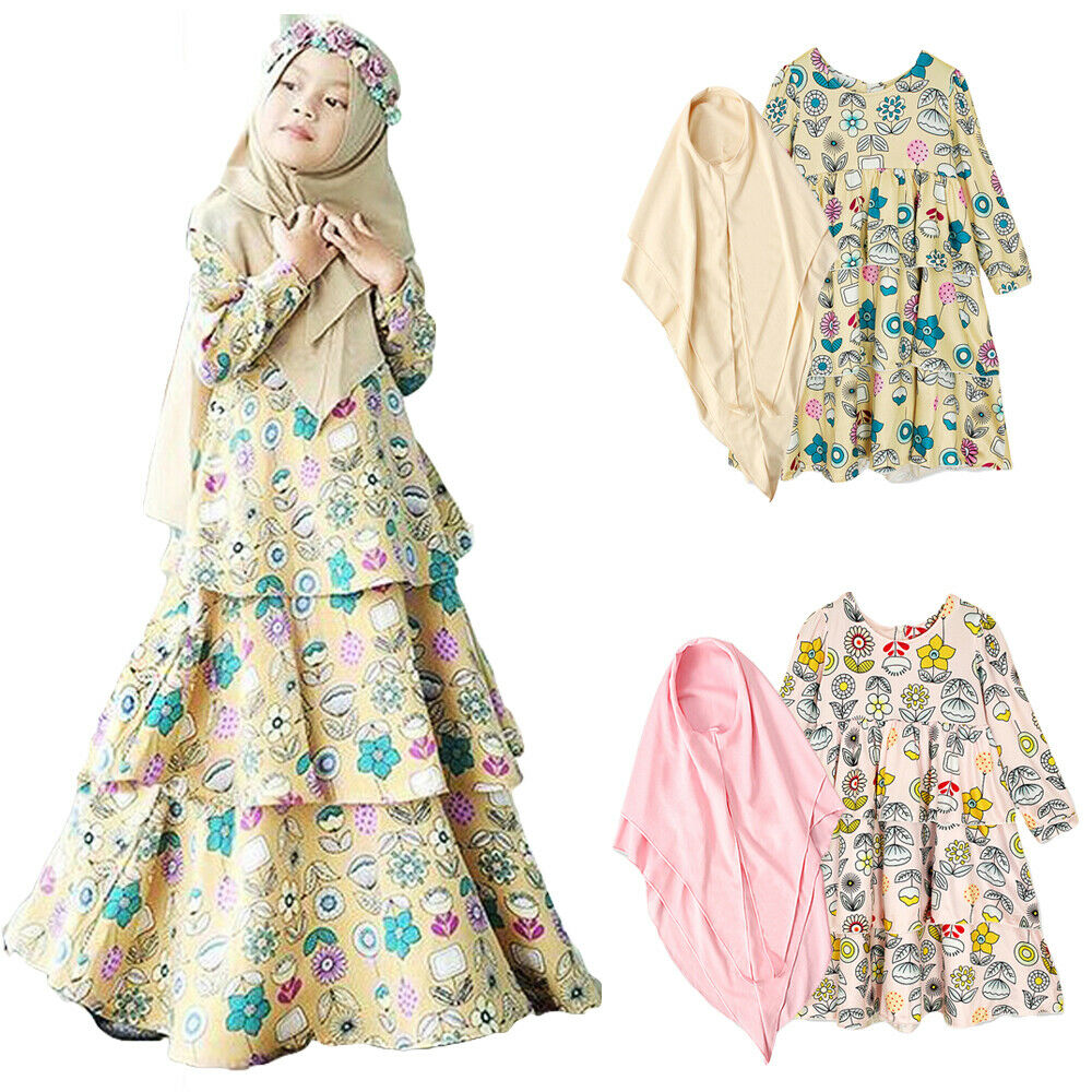 Muslim Children Girl Floral Dress Long Sleeve Long Skirt Hijab Two-Piece Set Iftar Muslim Prayer Dress Kids