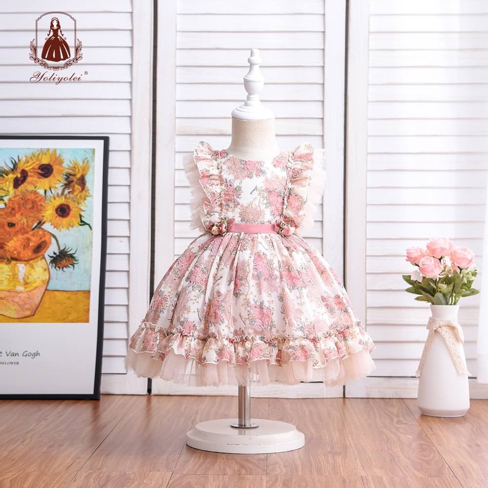 Wholesale 1St Birthday Party Dress Hollow Embroidery Floral Printed Kids Ball Gown Royal Lolita Spanish Newborn Baby Girl Dress