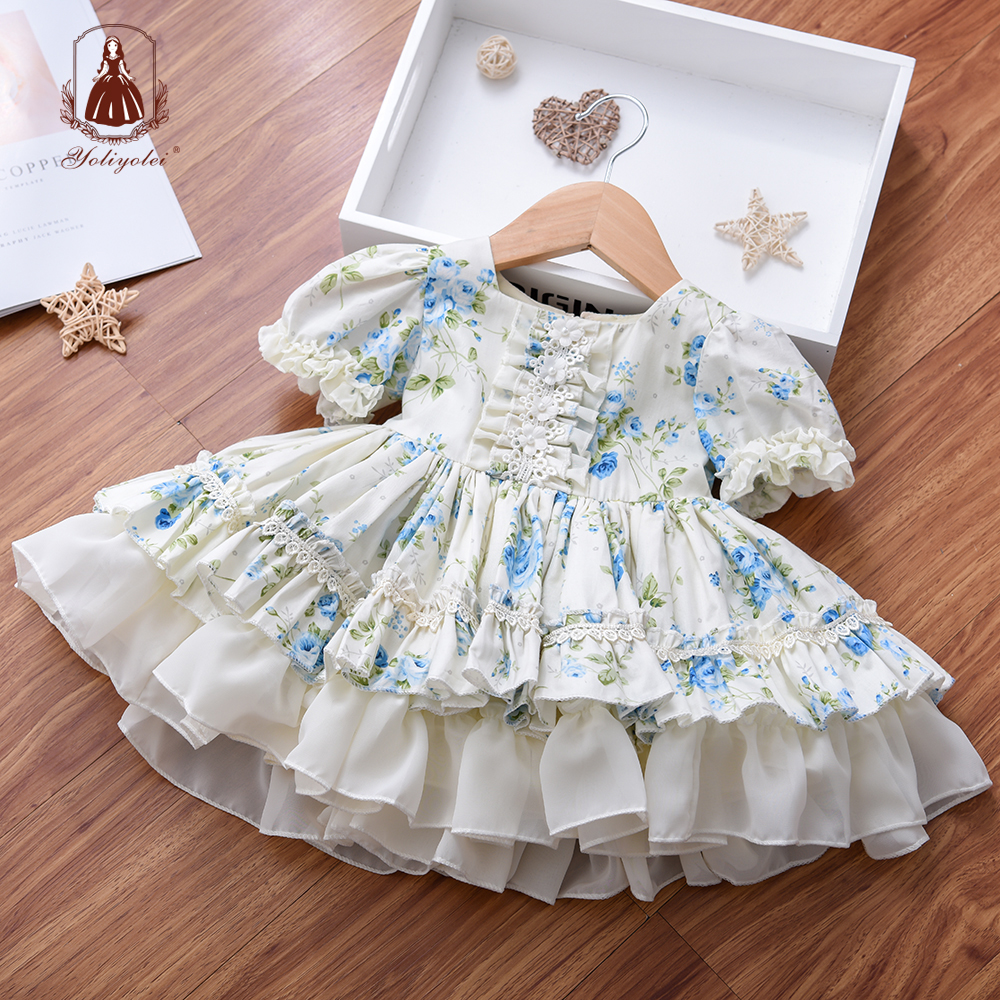 Summer Children Birthday Boutique Clothes Kids Spanish Lotia Dresses for Girls Cotton Boutique Floral Ball Gowns with Panty