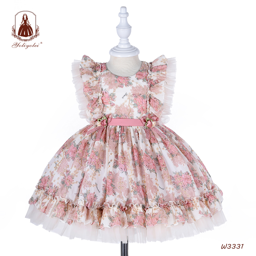 Hot Sale Lolita Spanish Vintage Princess Ball Gown with Headband ,Royal Flower Dress for Baby Girls Birthday Party Dress